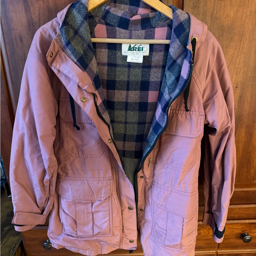 REI Pink Jacket with Plaid Interior
